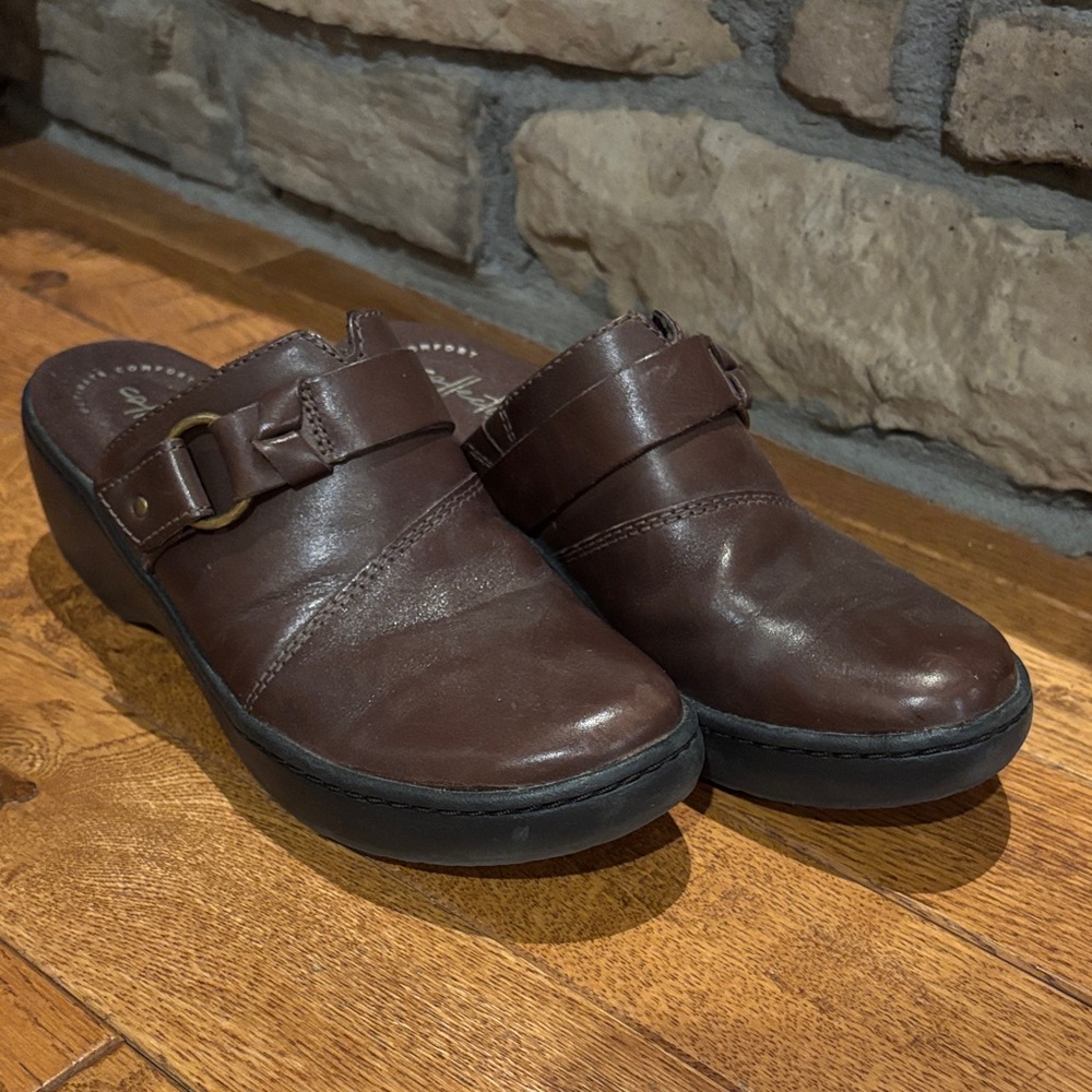 Clarks Dark Brown Leather Mules, 5-1/2 W